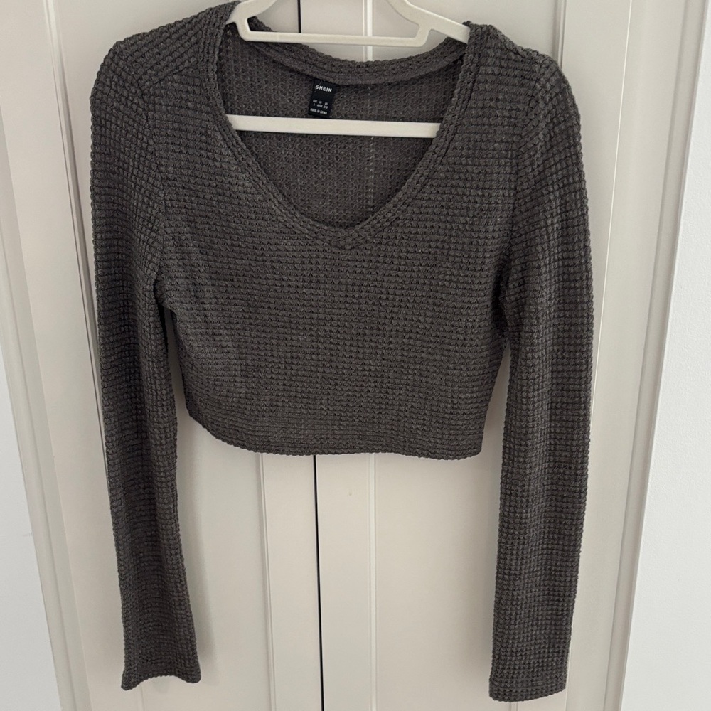 SHEIN charcoal waffle knit cropped long sleeve top